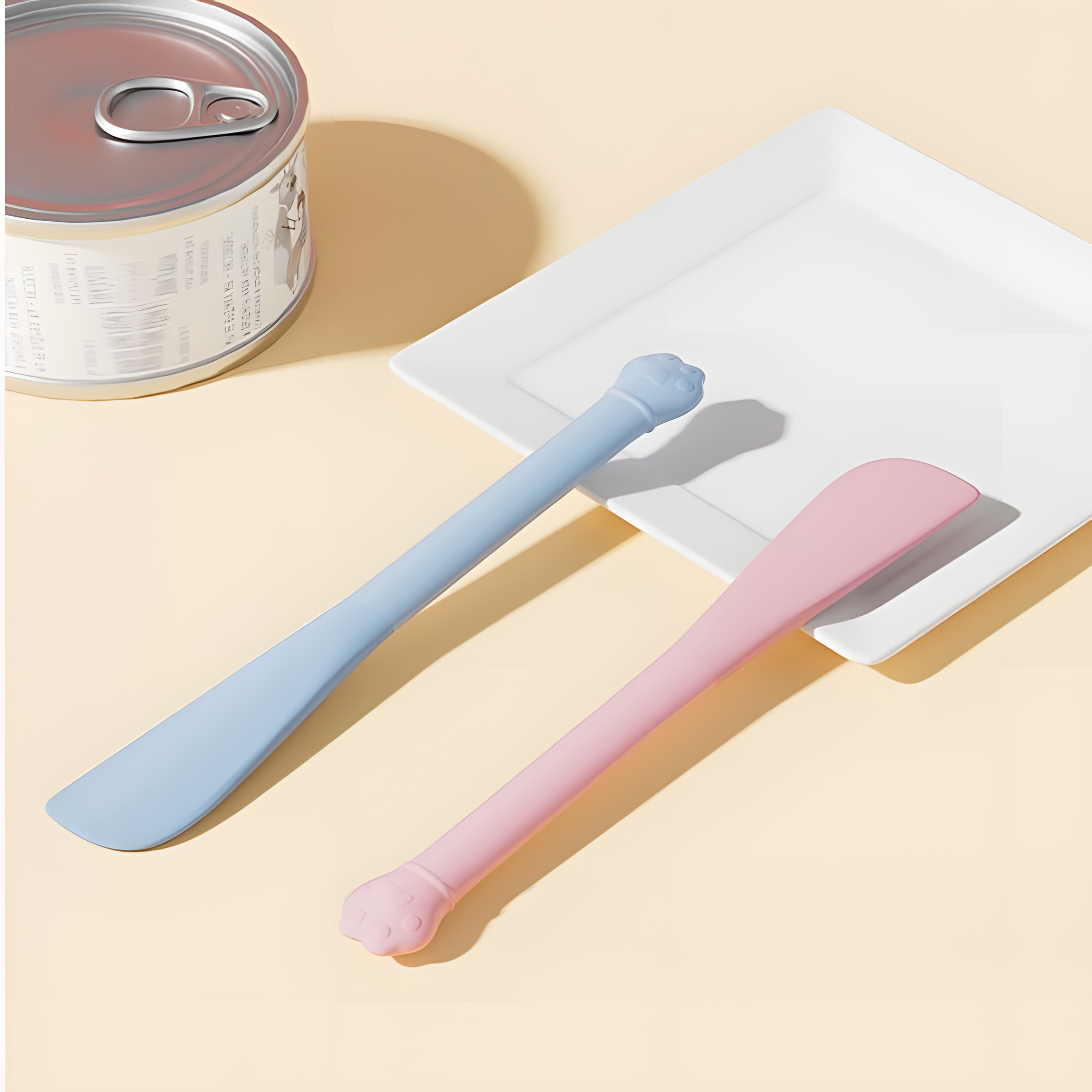 Soft blue and pink silicone cat food spoons resting on a clean white square plate next to a pet food can, emphasizing a hygienic, mess-free feeding routine.