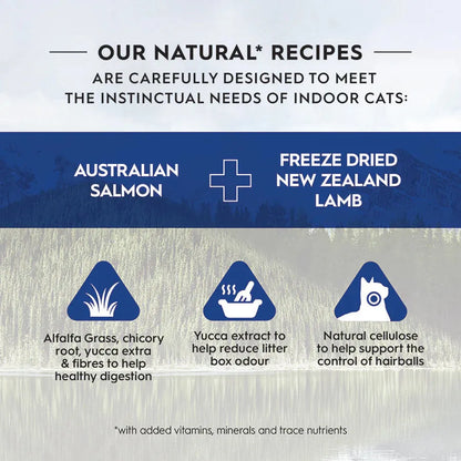 Infographic showing Trilogy cat food benefits for indoor cats: Australian Salmon, Freeze-Dried Lamb, Yucca extract for litter box odor reduction, and natural cellulose for hairball control.