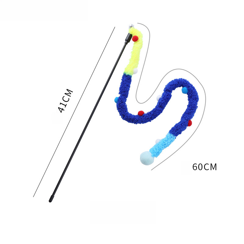 A black interactive cat teaser wand displayed against a white background with a multi-colored plush tail in yellow, blue, and pastel shades, featuring numerous small pom-poms. Lines and text mark the dimensions: a line labeled "41cm" along the wand and a curved line labeled "60cm" for the tail, which is designed to slither like a fuzzy snake and awaken panther instincts.