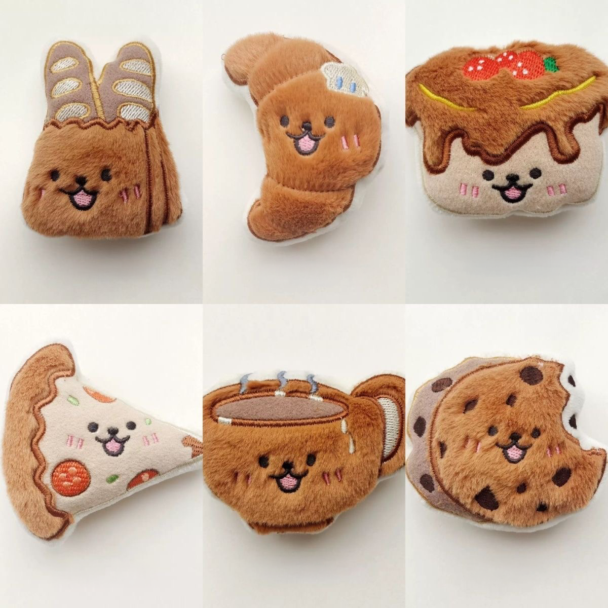 A 6-frame grid showing the full Kawaii Bakery collection: Baguette, Croissant, Strawberry Cake, Pizza, Coffee, and Cookie.