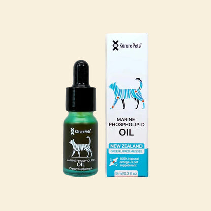 Front view of Kōrure Pets Marine Phospholipid Oil for cats. A compact 9ml glass dropper bottle and packaging highlighting a 100% natural New Zealand Green Lipped Mussel Omega-3 pet supplement.