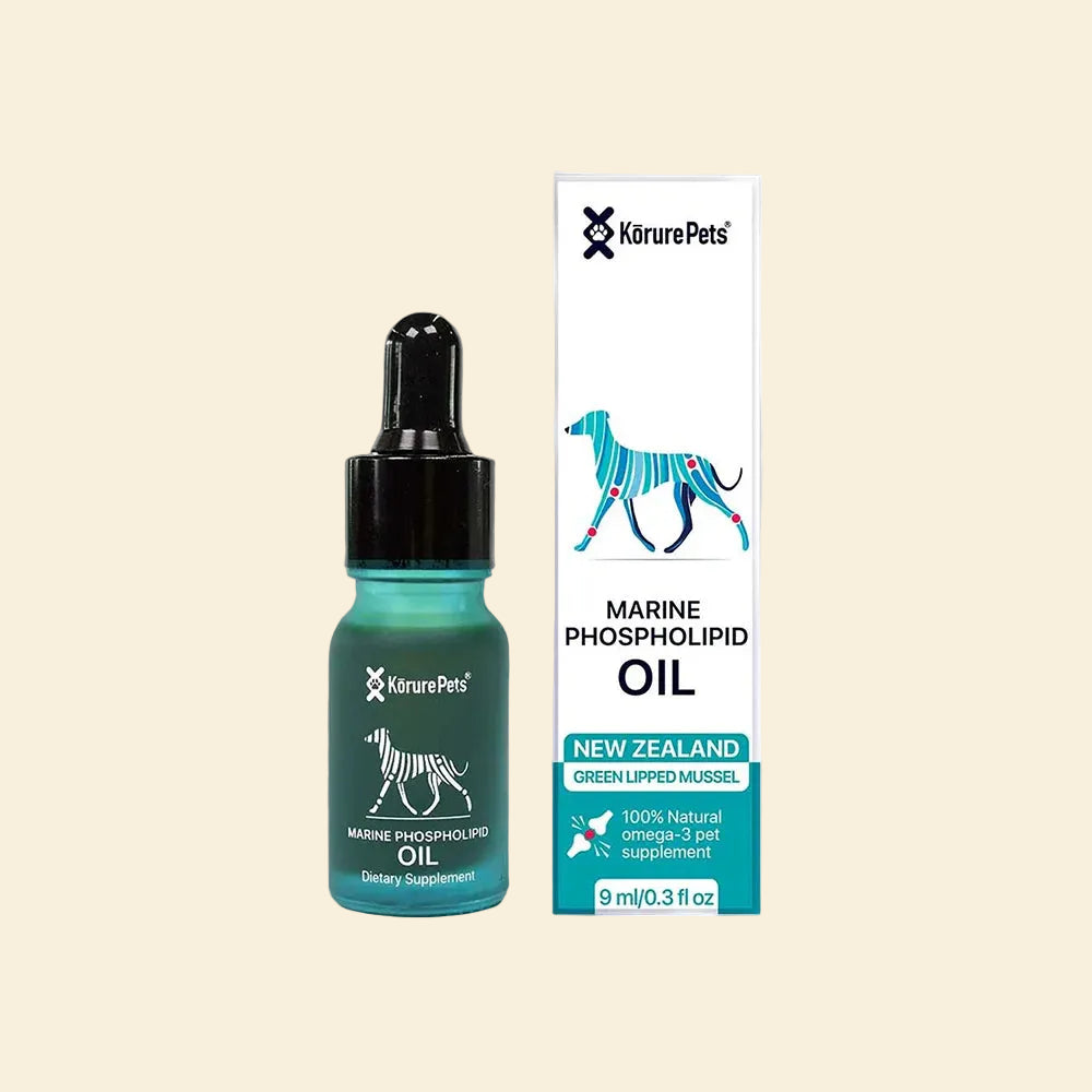 Front view of Kōrure Pets Marine Phospholipid Oil for dogs. A compact 9ml glass dropper bottle and packaging highlighting a 100% natural New Zealand Green Lipped Mussel Omega-3 supplement.