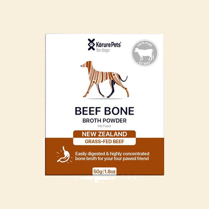 Front packaging of Kōrure Pets Beef Bone Broth Powder for dogs. A 50g box highlighting 100% pure New Zealand grass-fed beef, designed to easily digest and soothe sensitive stomachs.