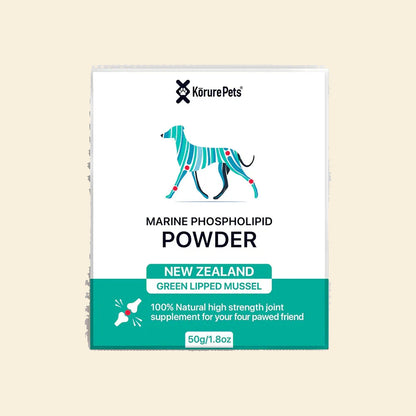 Front packaging of Kōrure Pets Marine Phospholipid Powder for dogs. A 50g jar of 100% natural, high-strength joint supplement made from New Zealand Green Lipped Mussel.