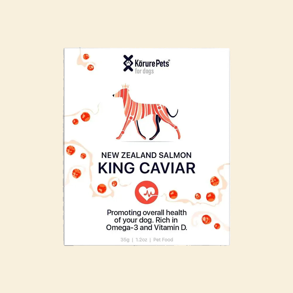 Clean front view of the Kōrure Pets New Zealand Salmon King Caviar box (35g). A premium single-ingredient health supplement promoting overall health for dogs.