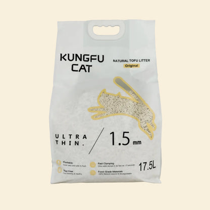 Kungfu Cat Premium Natural Tofu Cat Litter 17.5L bag, featuring 1.5mm ultra-thin flushable pellets.