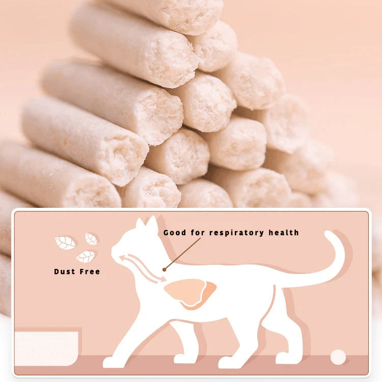 Close-up of 1.5mm ultra-thin Kungfu Cat tofu litter pellets and a cat graphic highlighting respiratory health and a 99.9% dust-free formula.