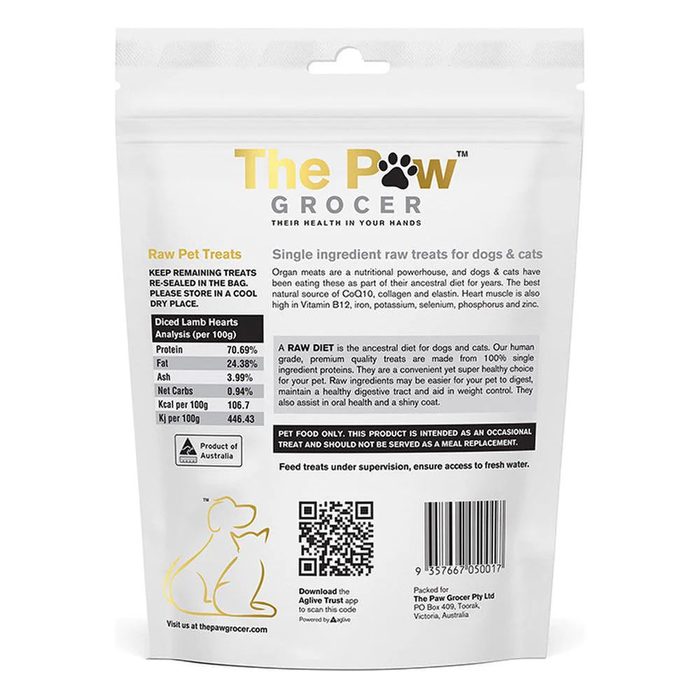 Back label of The Paw Grocer Diced Lamb Hearts showing 70.69% protein and 24.38% fat. Details benefits of CoQ10, collagen, and Vitamin B12 for ancestral diet support.