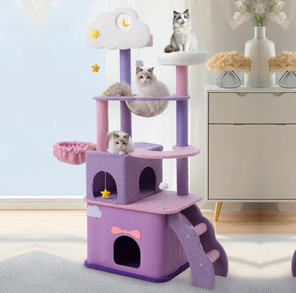 Three Ragdoll cats enjoying the stable 1.70m fantasy cat tree together, demonstrating its unshakeable stability and large activity space for multiple pets.
