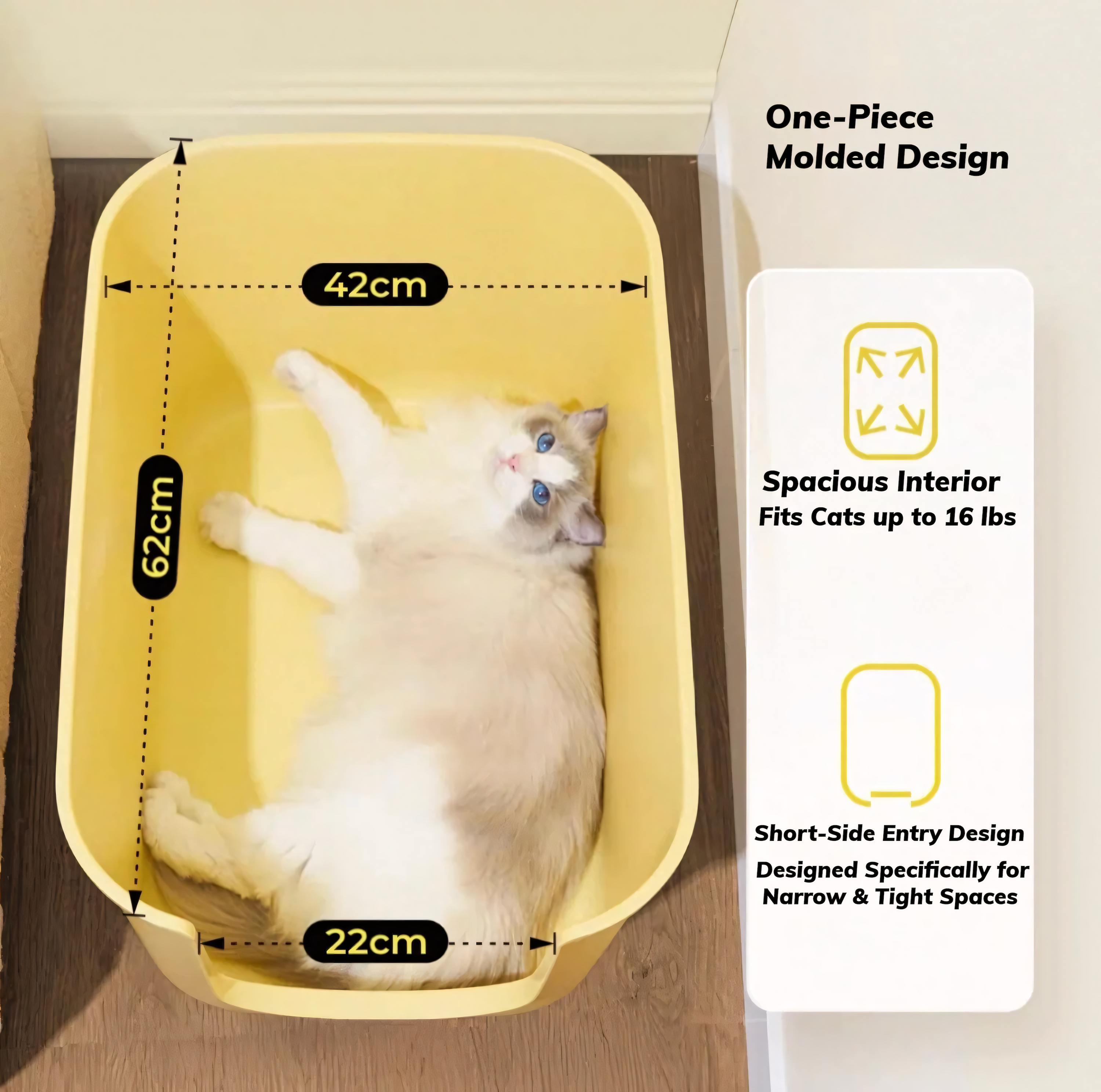 A large Ragdoll cat lying comfortably inside the spacious 62cm yellow open-top litter box, showcasing the seamless one-piece molded design.