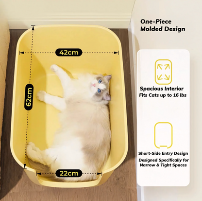 A large Ragdoll cat lying comfortably inside the spacious 62cm yellow open-top litter box, showcasing the seamless one-piece molded design.
