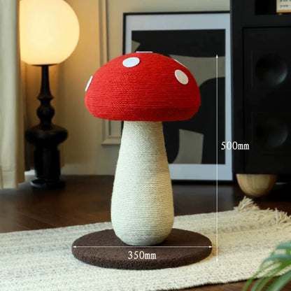 Overall dimensions of the decorative red mushroom cat scratching post, measuring 500mm in height and 350mm in width, styled beautifully in a modern living room.