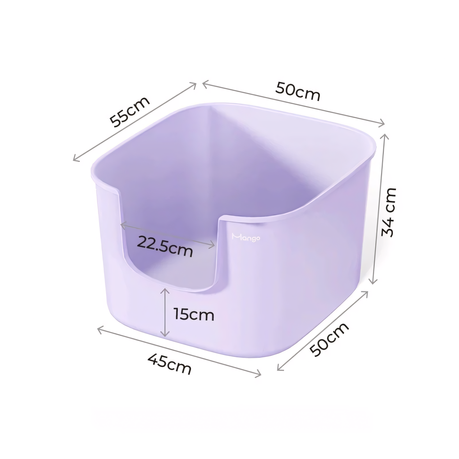 Dimensional diagram of the lavender purple Mango Cube litter box, detailing the 55x50cm footprint, 34cm height, and the 15cm low-entry front opening.