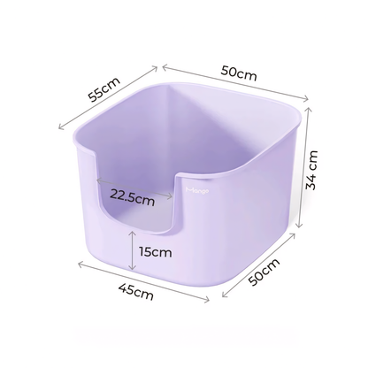 Dimensional diagram of the lavender purple Mango Cube litter box, detailing the 55x50cm footprint, 34cm height, and the 15cm low-entry front opening.