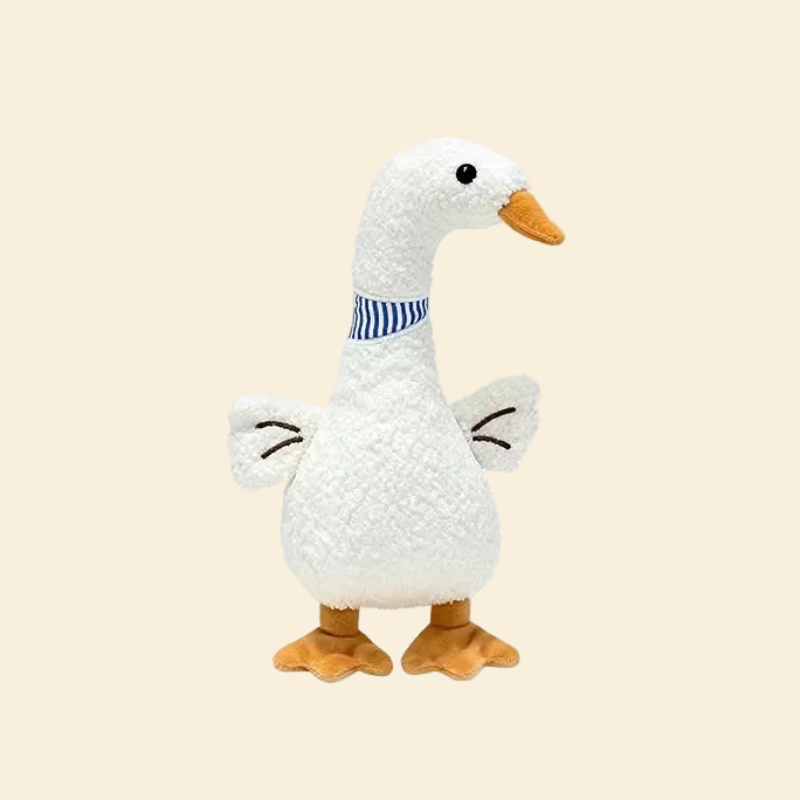 Full view of the Leggy Goose Plush Dog Toy on a clean yellow background. Features a charming blue-and-white striped collar, embroidered eyes, and dangling orange webbed feet.