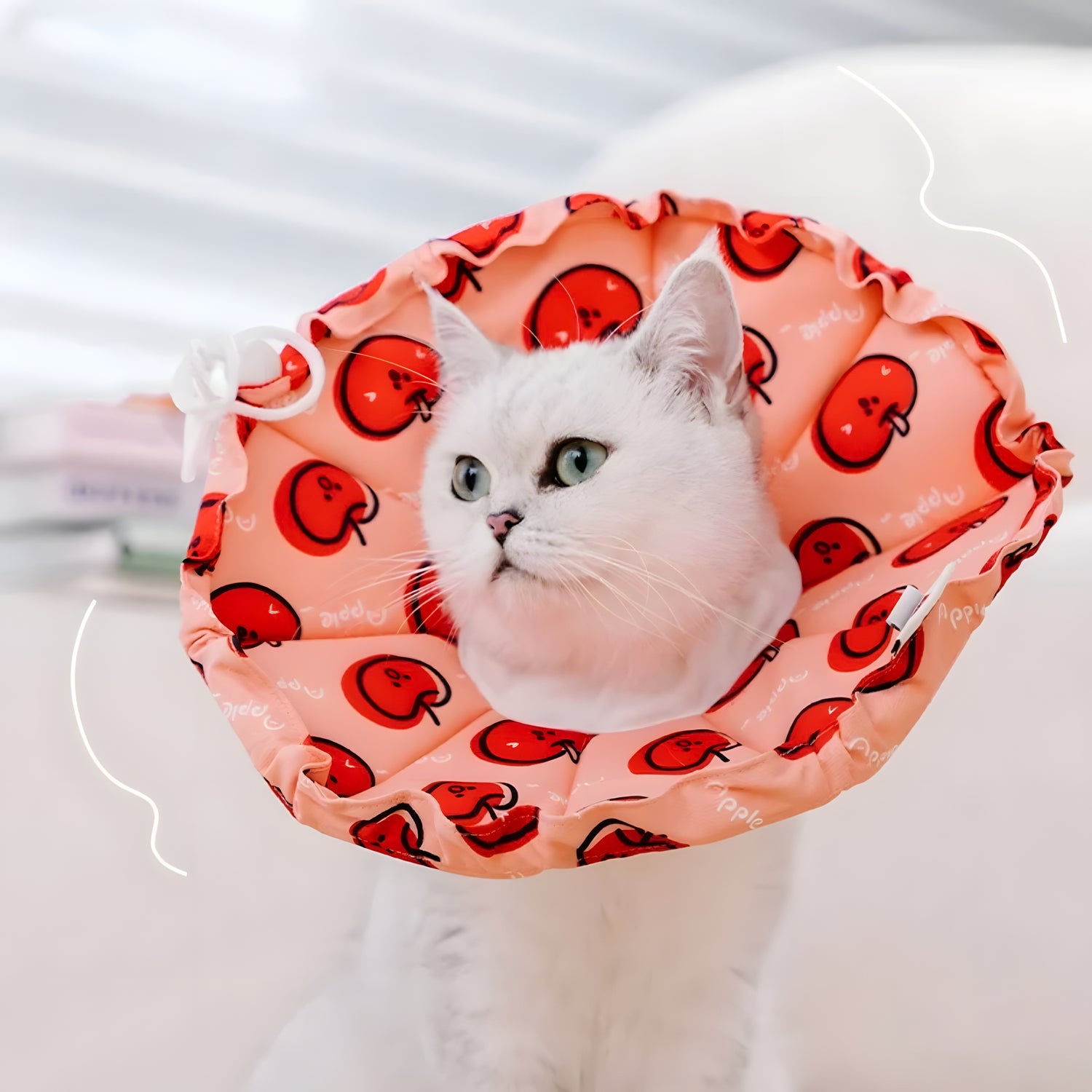 Cat wearing the Apple print soft collar. Features an adjustable drawstring toggle for a snug, zero-escape fit that doesn&