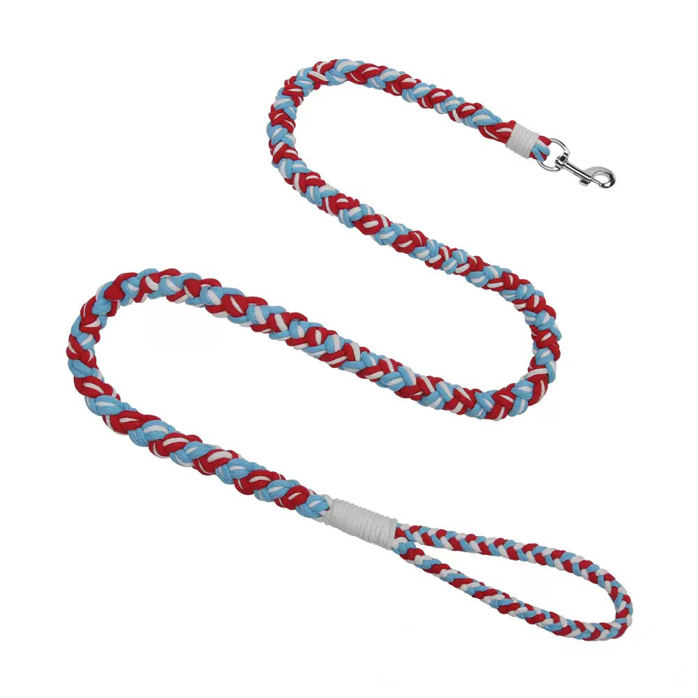 Classic Americana style dog leash in red, blue, and white. Hand-braided from soft cotton to provide a weightless feel for your pet