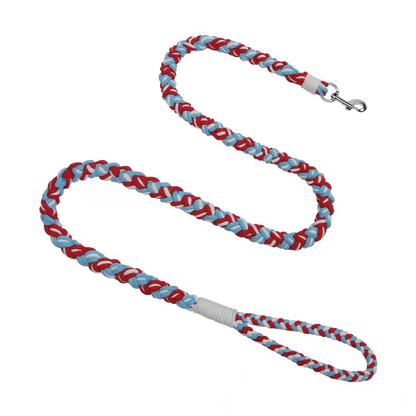 Classic Americana style dog leash in red, blue, and white. Hand-braided from soft cotton to provide a weightless feel for your pet