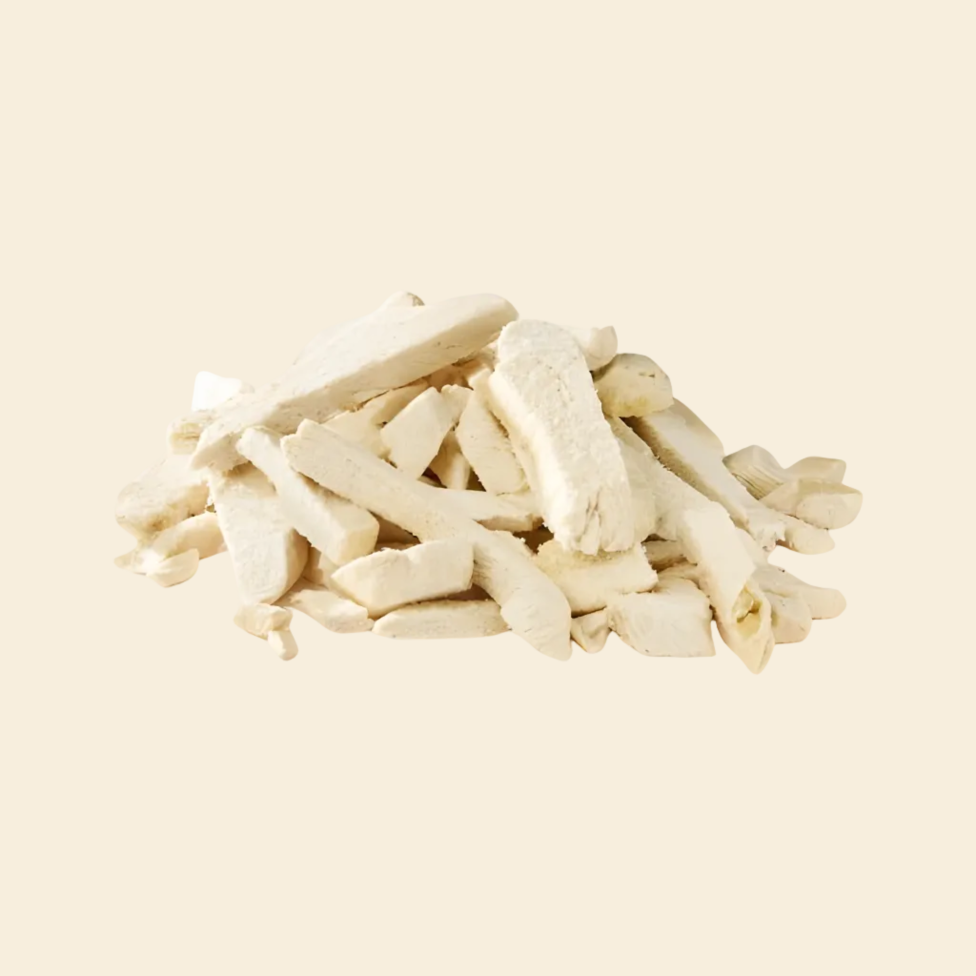 A pile of freeze-dried chicken breast slices, 100% human-grade lean protein dog treats made in Australia, crunchy and preservative-free