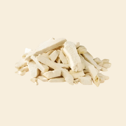 A pile of freeze-dried chicken breast slices, 100% human-grade lean protein dog treats made in Australia, crunchy and preservative-free