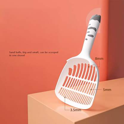 Detailed diagram of the Big Mouth Cat Litter Scoop showing the graduated slot design (8mm, 5mm, 3.5mm). Engineered to filter large pellets while trapping tiny crumbs for efficient cleaning