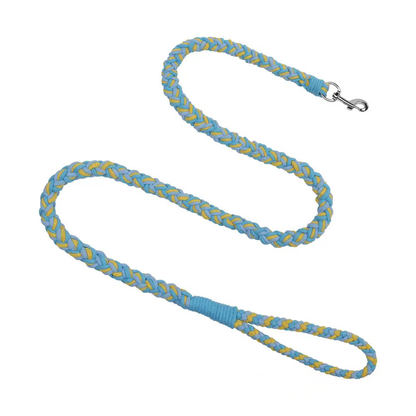 Blue and yellow hand-woven cotton dog leash. Features a cushioned grip to prevent rope burn and a lightweight design for small pets