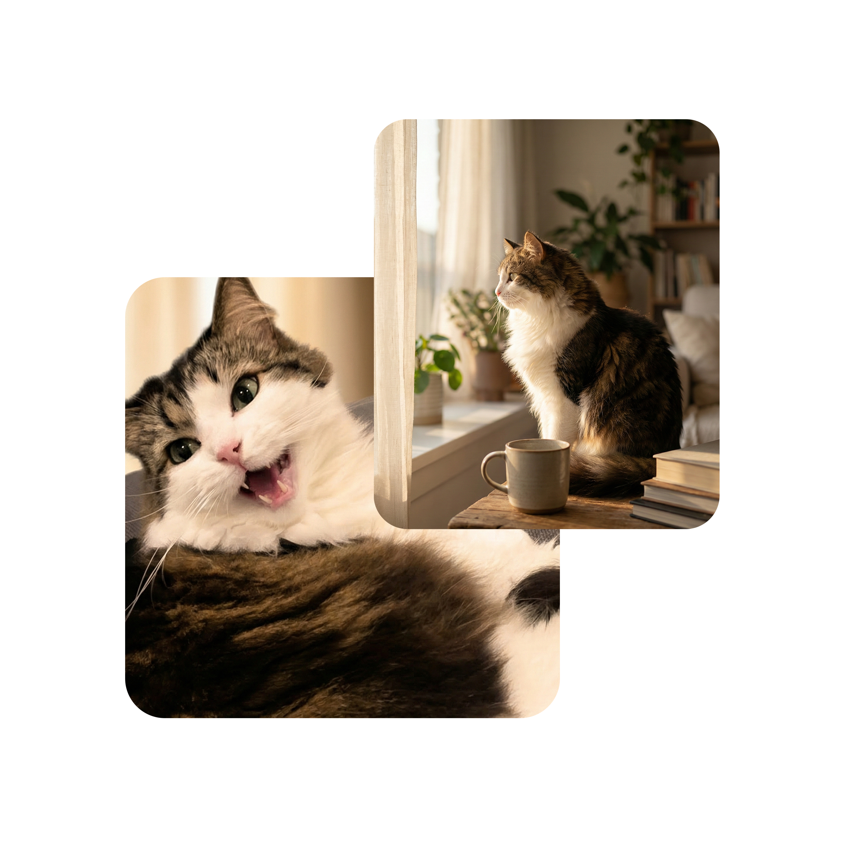 A charming photo collage featuring Nayuki, a beautiful tabby and white cat, representing the LéJoyee lifestyle. The foreground shows a playful close-up of Nayuki meowing, while the background captures a serene moment of him sitting by a sunlit window next to a coffee mug and books, evoking a cozy and joyful home atmosphere.