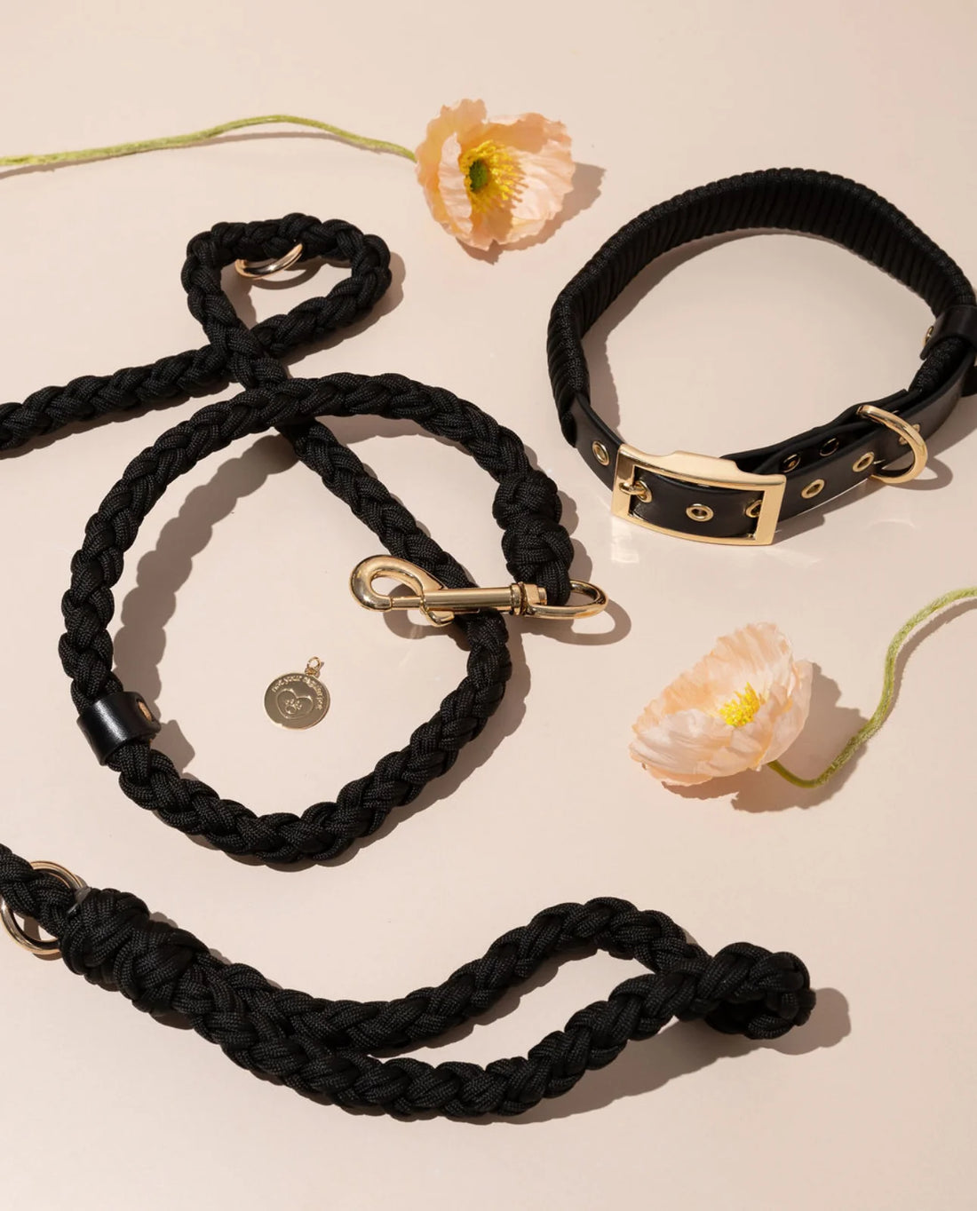 Overhead view of the classic black Luxe staple set. The 1.5m leash offers the perfect balance of freedom and control for urban walks, featuring durable gold D-rings.