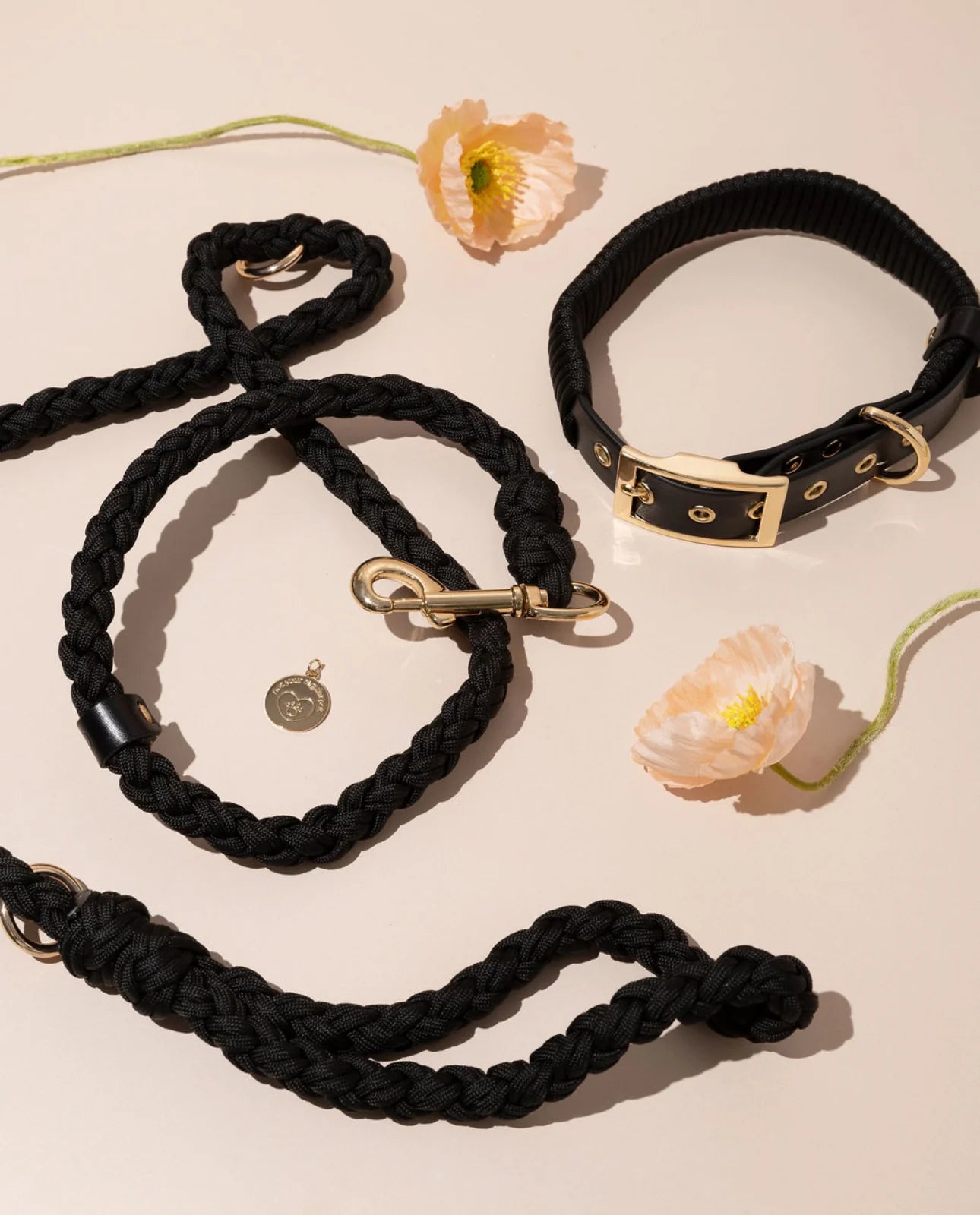 Overhead view of the classic black Luxe staple set. The 1.5m leash offers the perfect balance of freedom and control for urban walks, featuring durable gold D-rings.