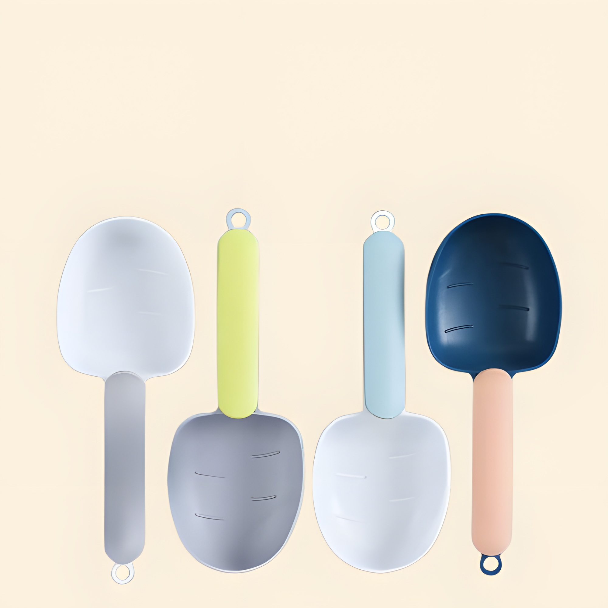 Four color variations of the Clip &amp; Scoop tool (White/Grey, Lime/Grey, Blue/White, Navy/Peach). Modern two-tone color-blocking adds a pop of dopamine decor to your pantry