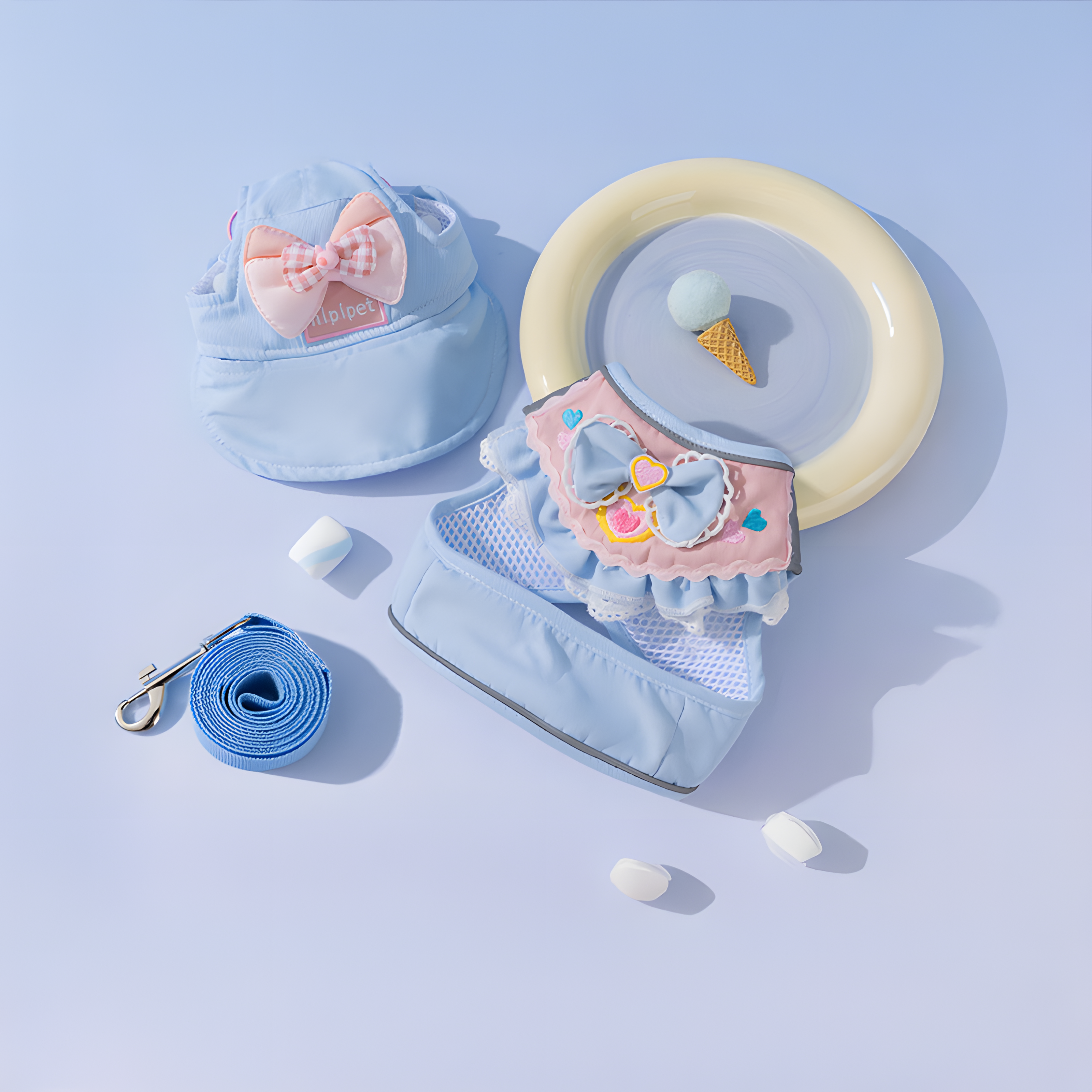 Pink and blue sailor-style dog harness set with a large bow and matching sun hat. A luxury outfit featuring premium fabric and a Magical Girl aesthetic