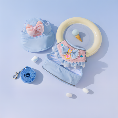 Pink and blue sailor-style dog harness set with a large bow and matching sun hat. A luxury outfit featuring premium fabric and a Magical Girl aesthetic
