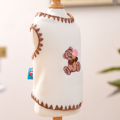 Angled view of the summer dog vest showing the polished hem detail. A scoop of cool design for hot summer walks