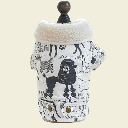 Back view of the tailored dog parka on a mannequin. Shows the urban street art vibes and high-contrast doodle print for big-personality dogs.