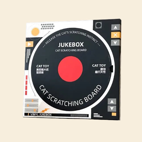 Front view of the DJ Cat Vinyl Record Scratcher. Features a vintage vinyl record design made from high-density corrugated cardboard to save sofas from claw damage