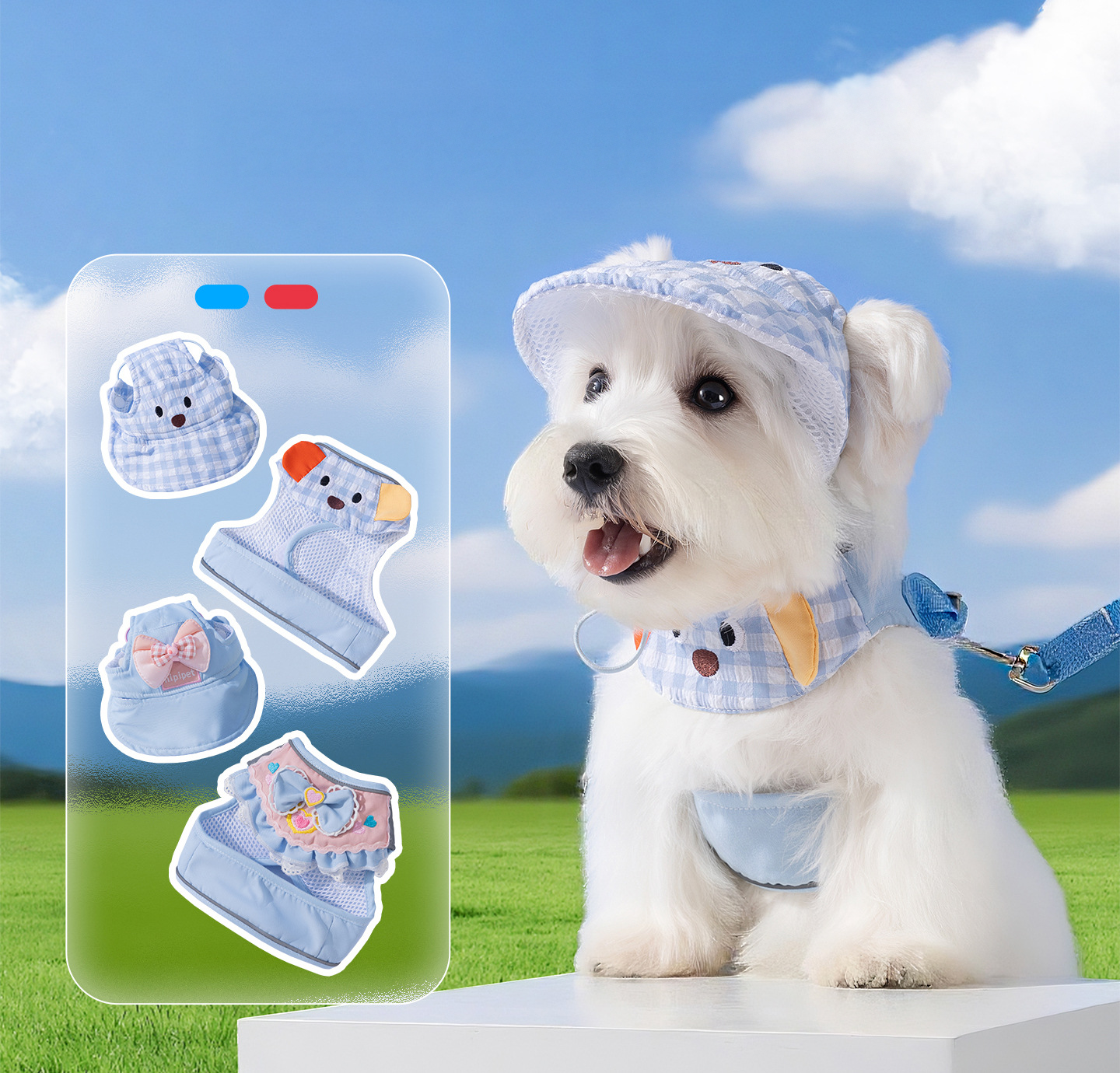White Westie modeling the Blue Check sun hat and harness. Floating icons show available styles including pink bows and bear ears for a cohesive summer look