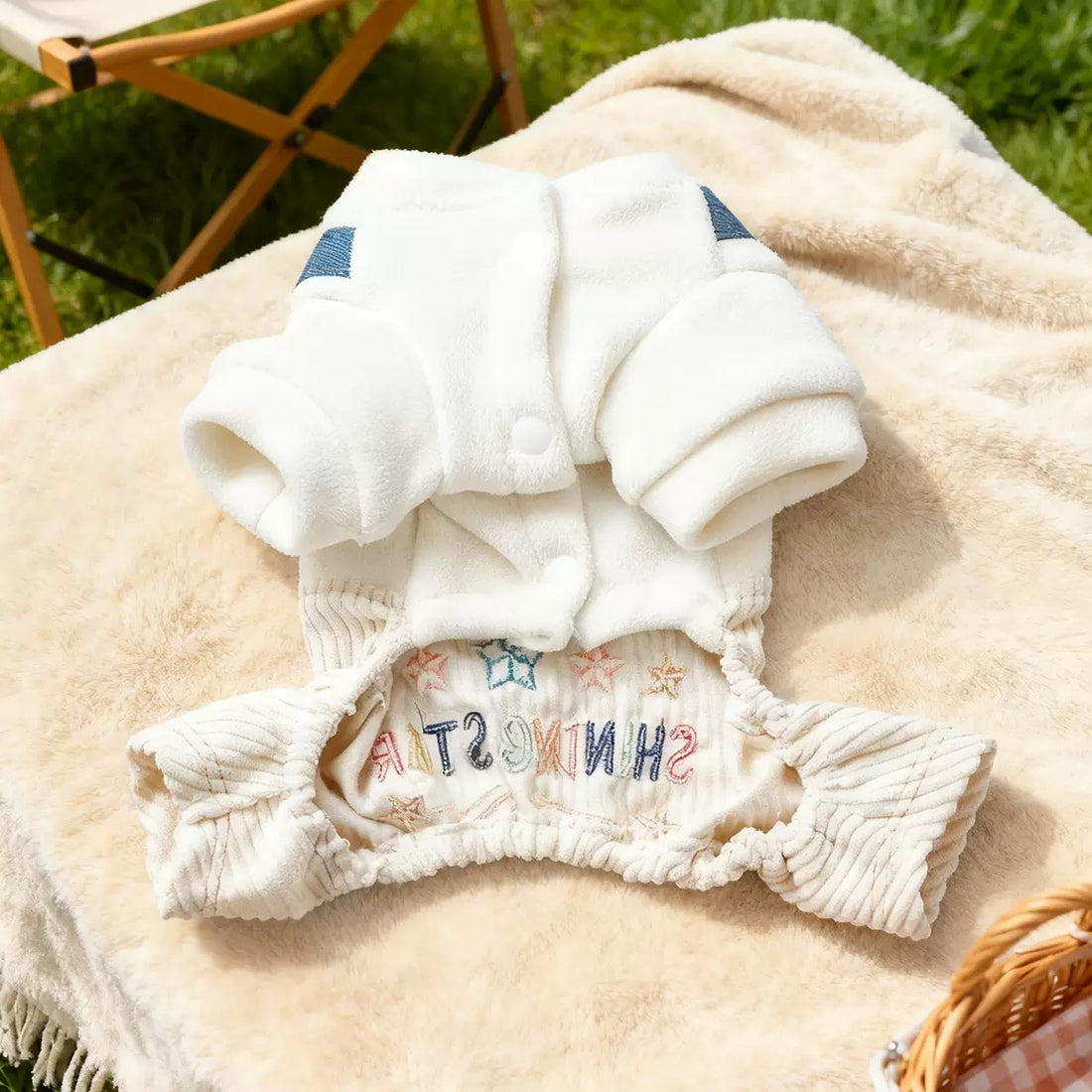 Inside view of the winter dog jumpsuit showing the ultra-soft fleece lining. Designed to prevent shivering and anxiety during cold weather walks.