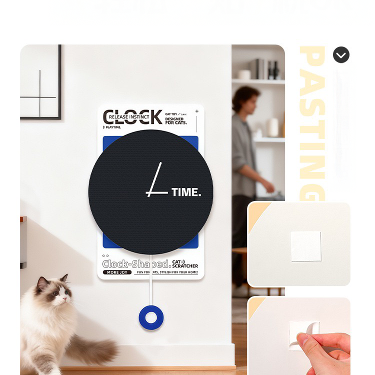 Detail shot of the easy peel-and-stick mounting process for the clock cat scratcher. Can be safely attached to walls, glass doors, or cabinets.