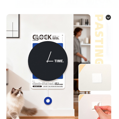 Detail shot of the easy peel-and-stick mounting process for the clock cat scratcher. Can be safely attached to walls, glass doors, or cabinets.