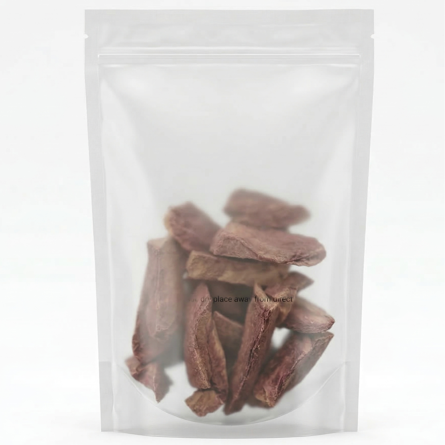 Multiple Beef Heart dog treats in a plastic bag, grain-free and rich in iron and B-vitamins for active and senior dogs.
