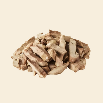 A pile of freeze-dried beef heart slices, rich in natural Taurine and CoQ10 for dog heart health, 100% Australian beef.