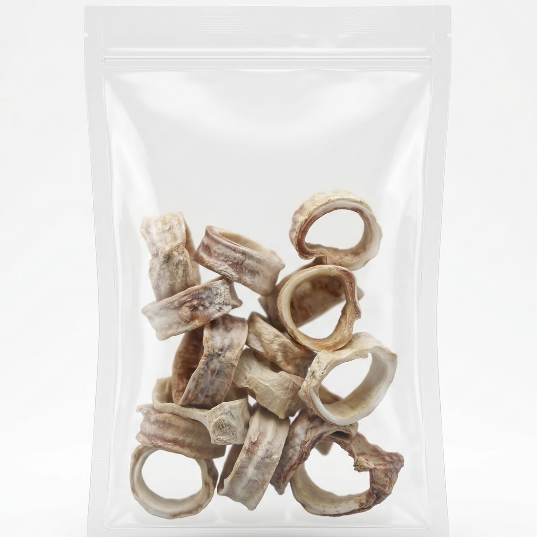 Multiple Beef Trachea chews in a plastic bag, ideal as a hollow enrichment treat for stuffing with peanut butter or yogurt
