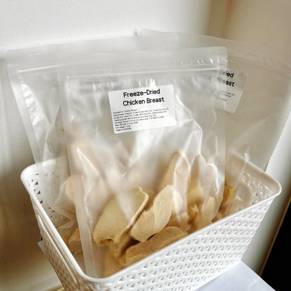 Bulk stock of Freeze-Dried Chicken Breast dog treats in a basket, grain-free and Australian-made lean protein rewards.