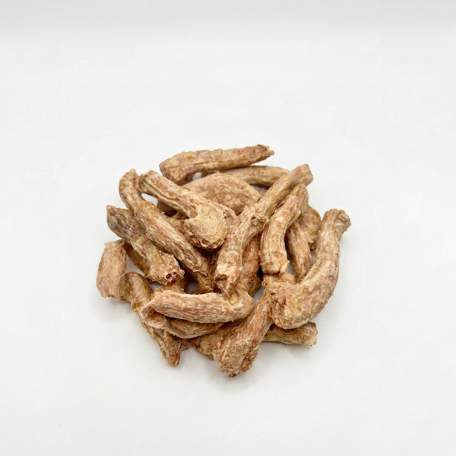 A pile of premium freeze-dried duck neck pet treats for dogs and cats, showcasing natural texture and high-protein quality on a clean white background.