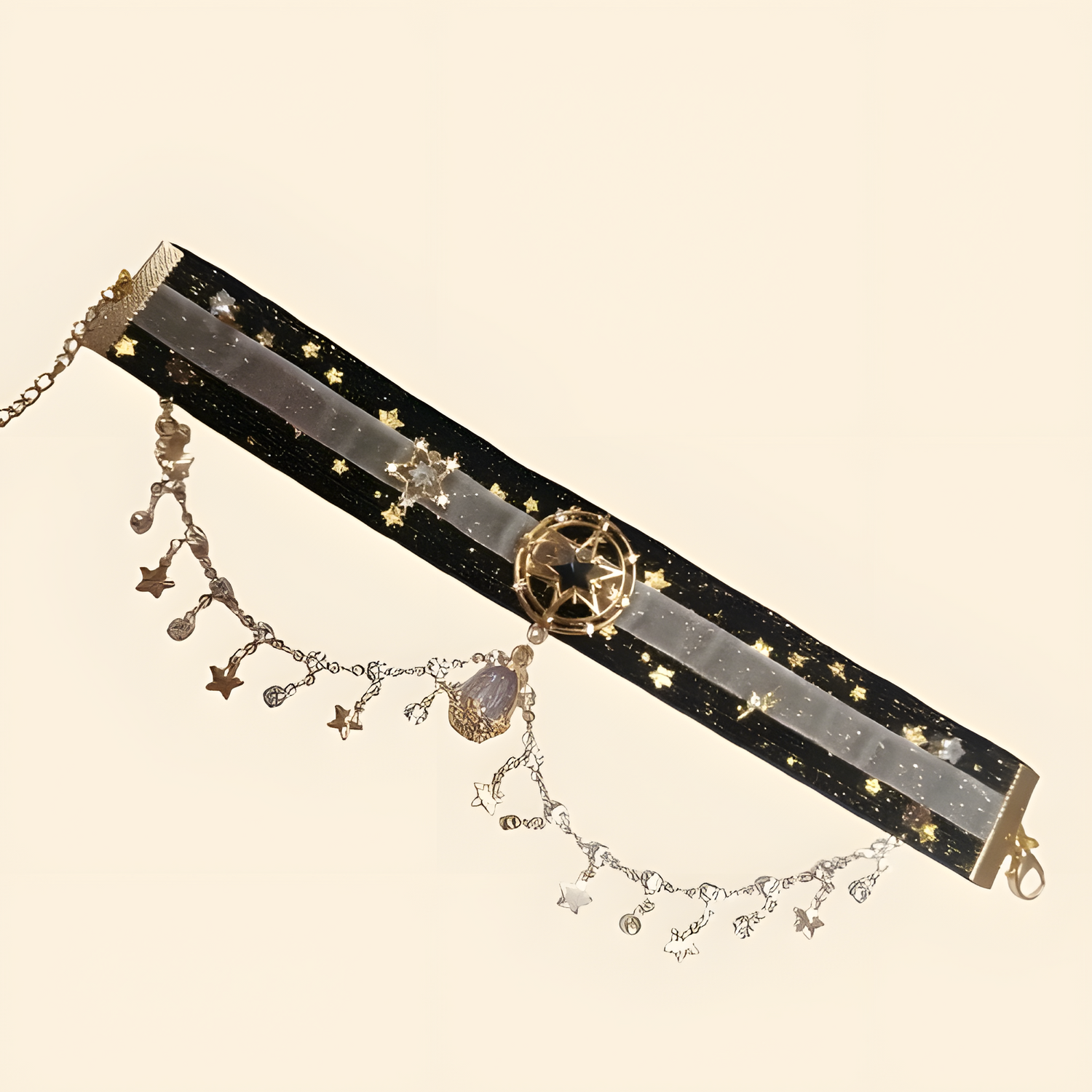 Full length of the Galaxy Sorceress collar featuring a soft, lightweight ribbon base and a 5cm extension chain for a secure, custom fit on cats and small dogs