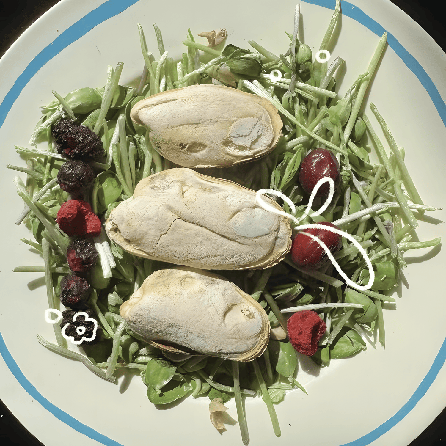 Gourmet dog meal featuring freeze-dried green-lipped mussels as a topper, rich in Omega-3 fatty acids (EPA &amp; DHA) for brain health and a glossy coat.