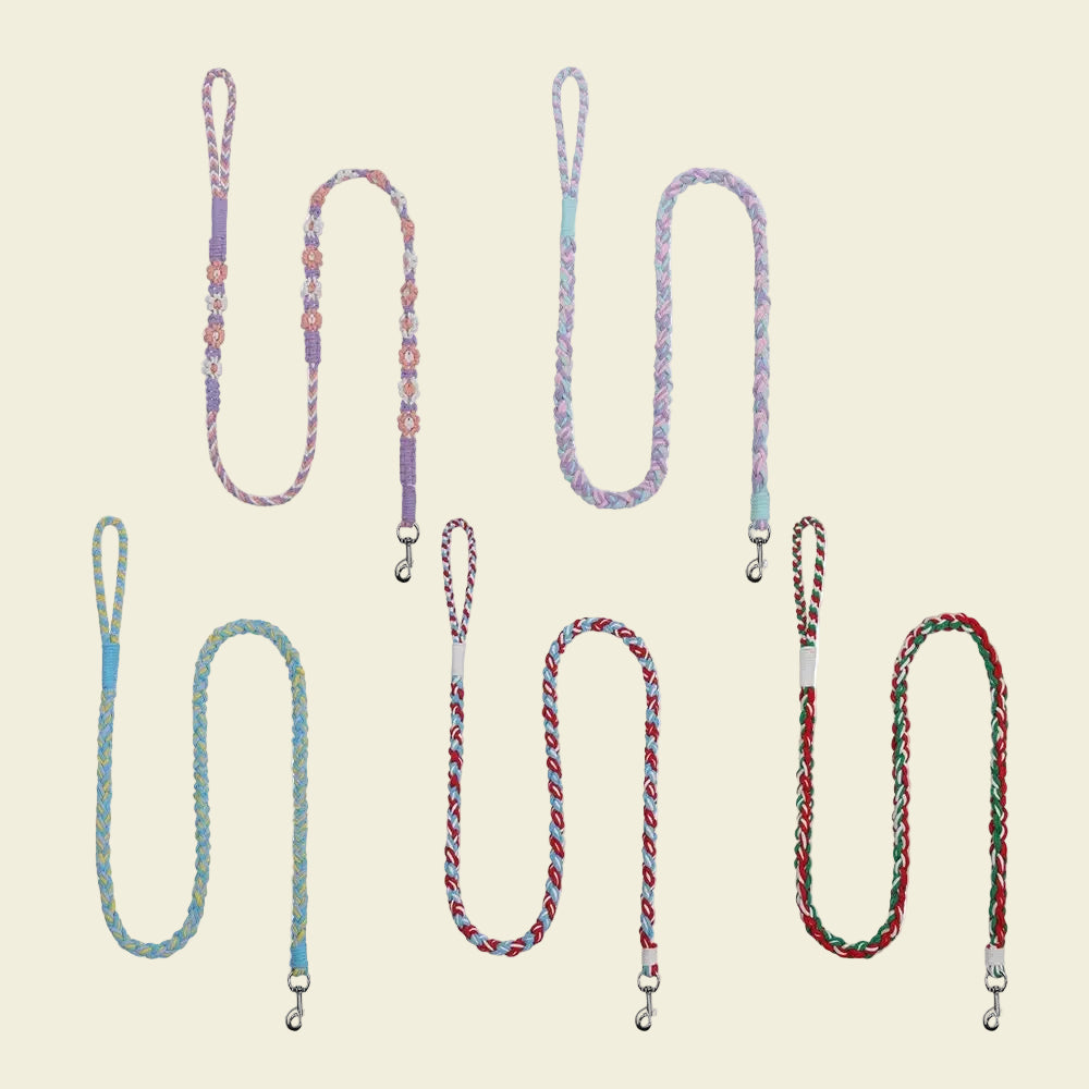 Collection of Hand-Braided Cotton Dog Leashes in 5 vibrant colorways. Soft, durable artisanal leads designed for a comfortable grip