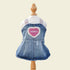 Front view of the Honey Heart Denim Dress on a mannequin. Highlights the elastic ruffled shoulder straps and the vintage-style pink heart appliqué