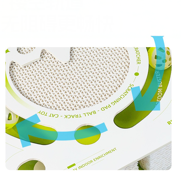 Close-up of the sustainable corrugated paper texture and the hollow track with a bell ball for hunting and batting play