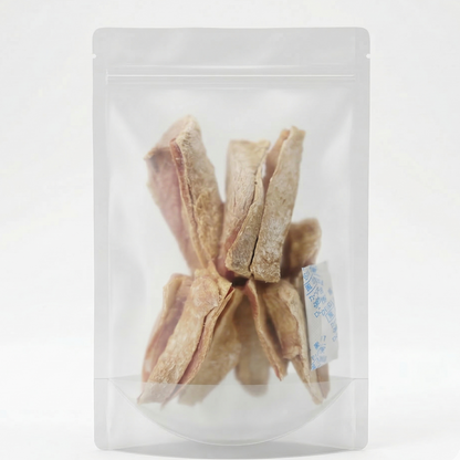 Multiple freeze-dried duck cartilage treats in a plastic bag, ideal for dogs with skin allergies or those needing a "cooling" protein source.